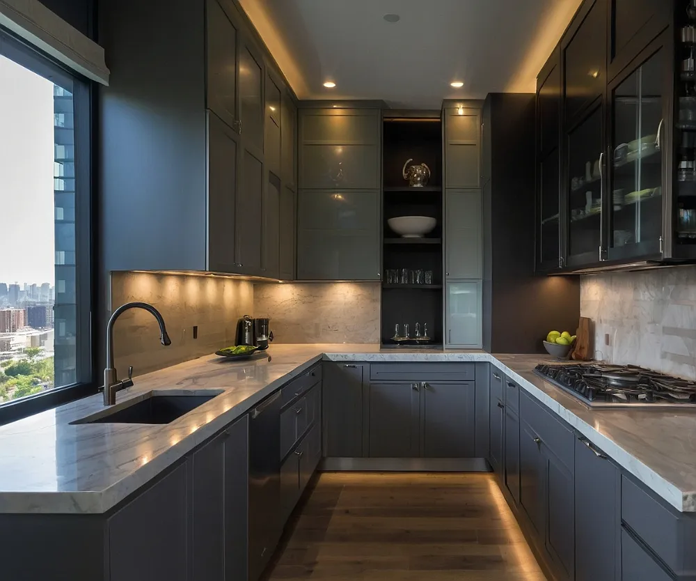 کابینت آشپزخانه دو طرفه طوسی (2) کابینت آشپزخانه دو طرفه طوسی