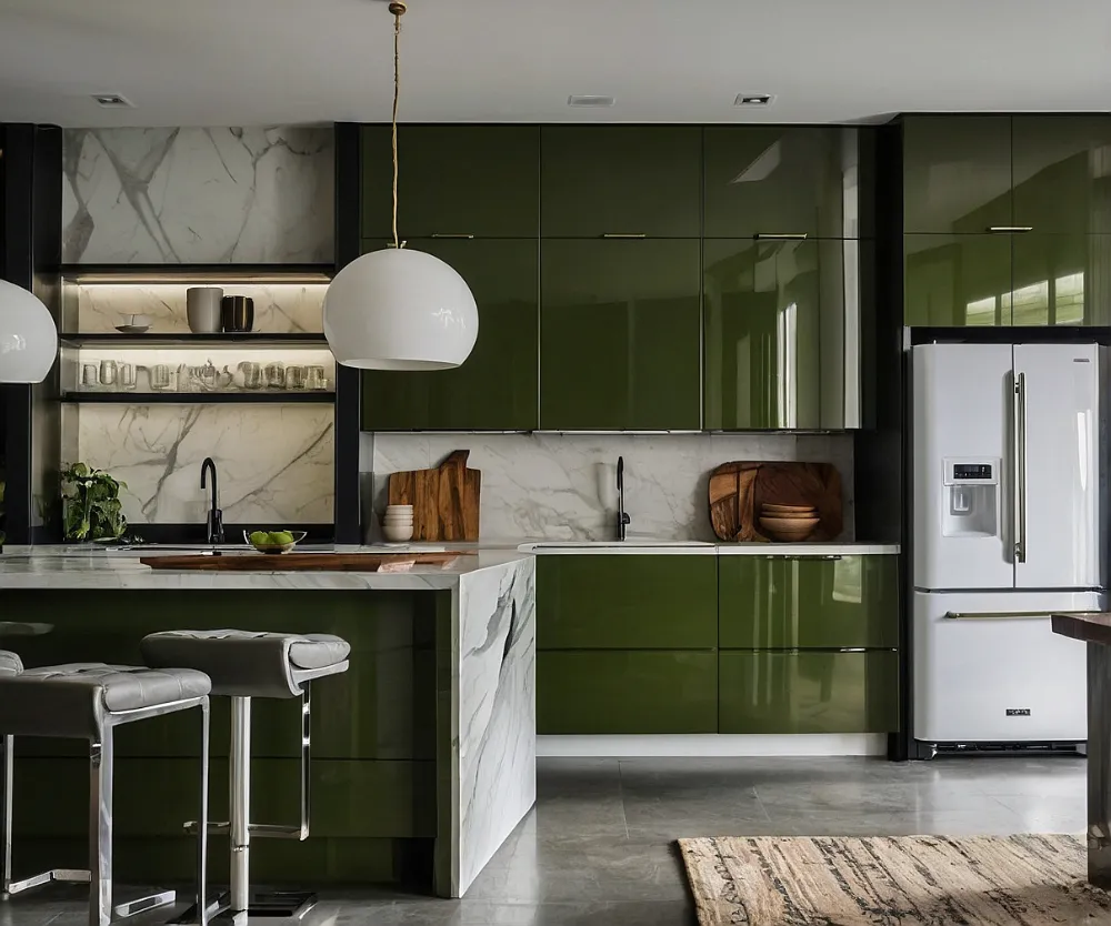 کابینت سبز زیتونی با یخچال سفید (2) کابینت سبز زیتونی با یخچال سفید