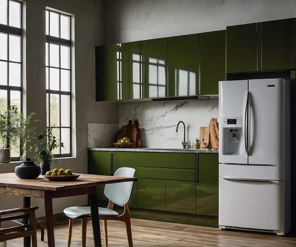 کابینت سبز زیتونی با یخچال سفید (3) کابینت سبز زیتونی با یخچال سفید