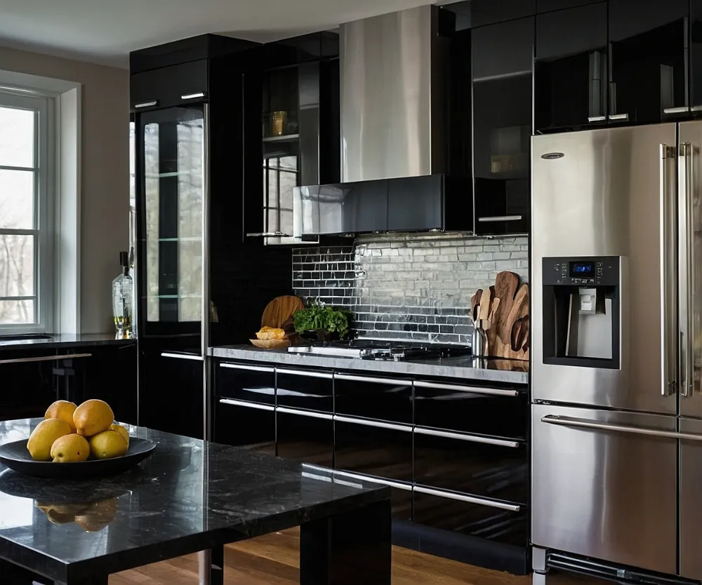 کابینت مشکی با یخچال سیلور (2) کابینت مشکی با یخچال سیلور