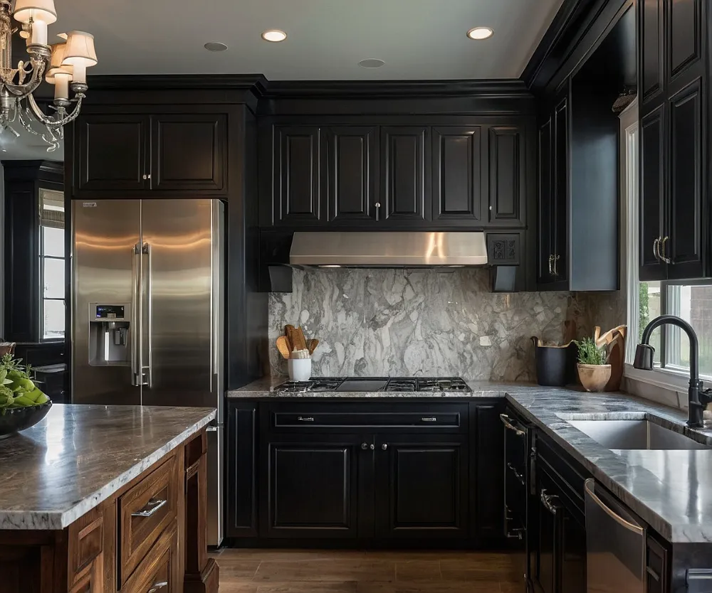 کابینت مشکی با یخچال سیلور (3) کابینت مشکی با یخچال سیلور