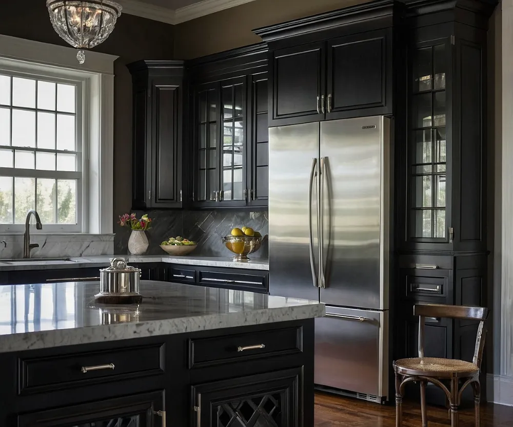 کابینت مشکی با یخچال سیلور (4) کابینت مشکی با یخچال سیلور