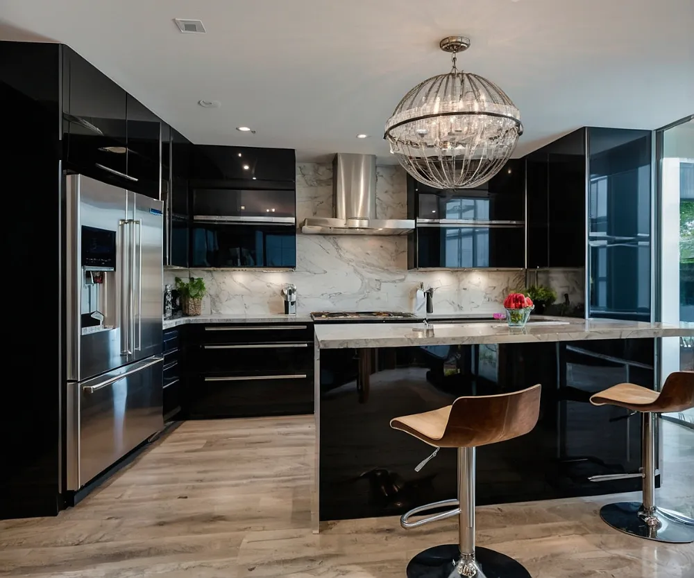 کابینت مشکی با یخچال سیلور (5) کابینت مشکی با یخچال سیلور