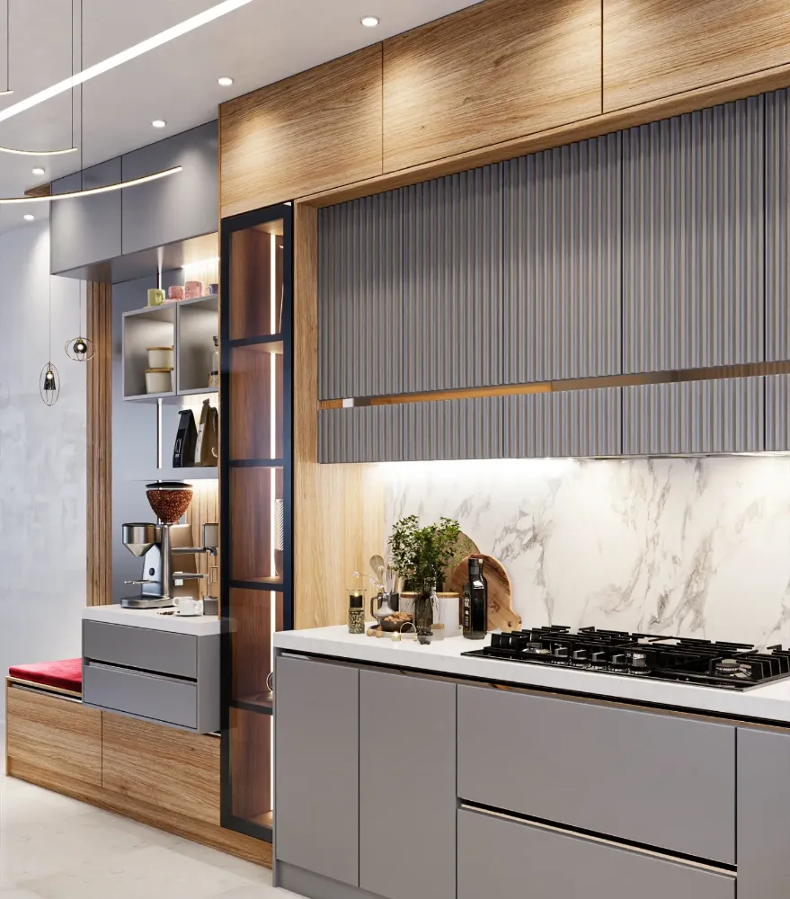 کابینت میله ای طوسی و طرح چوب