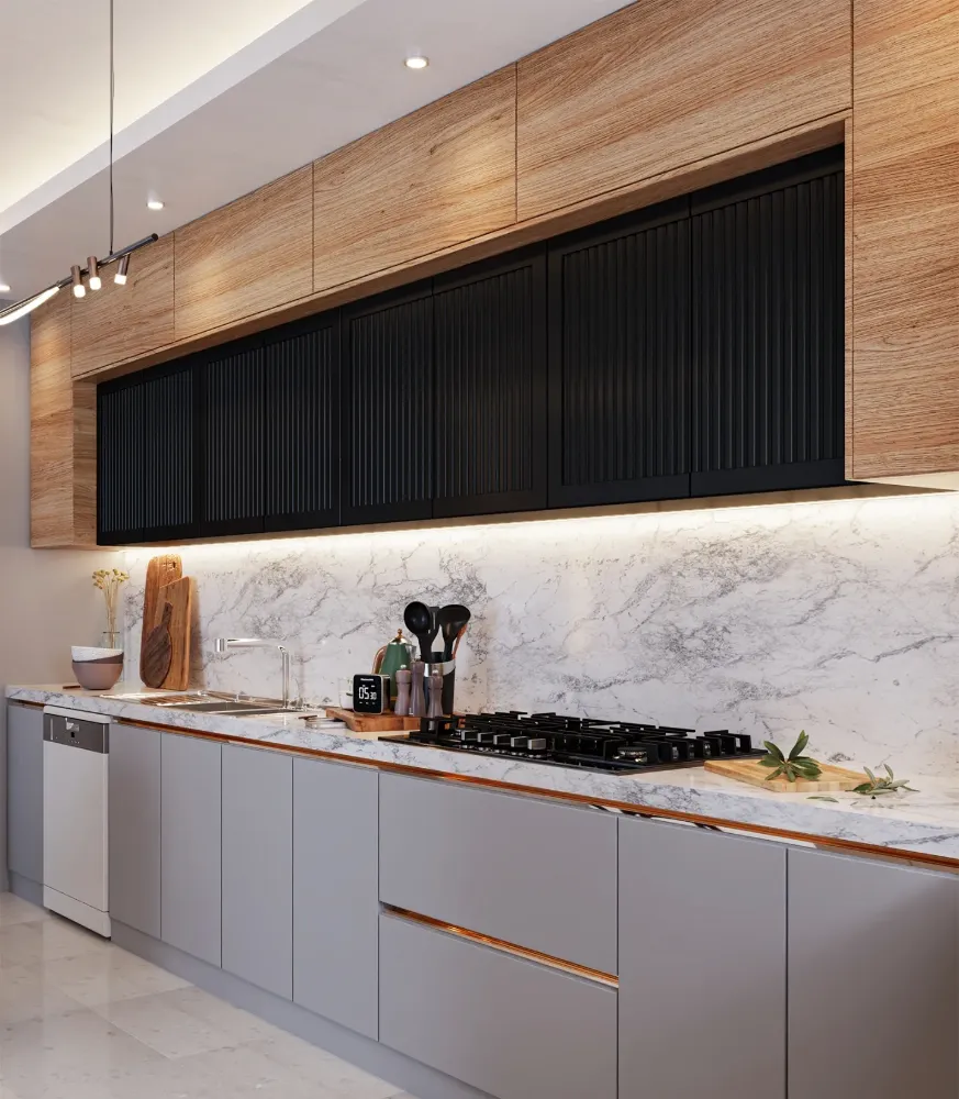 کابینت میله ای طوسی و طرح چوب