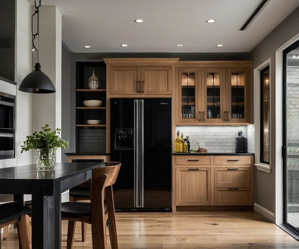 کابینت چوبی روشن با یخچال مشکی (2) کابینت چوبی روشن با یخچال مشکی