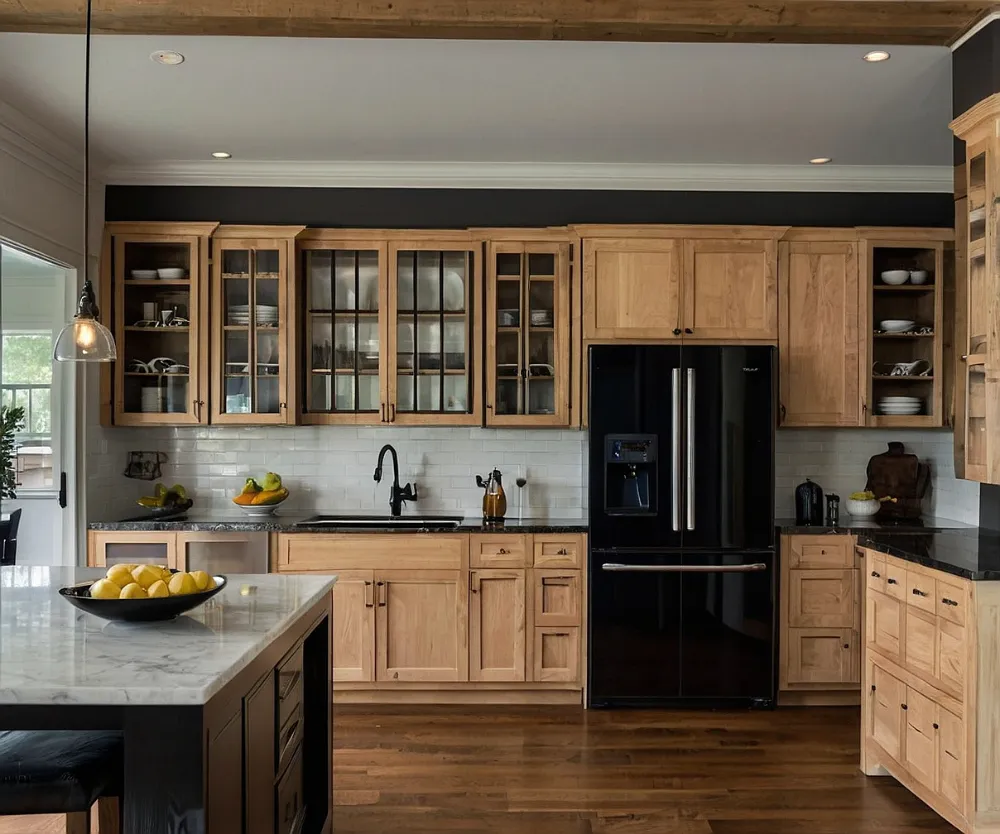 کابینت چوبی روشن با یخچال مشکی (3) کابینت چوبی روشن با یخچال مشکی