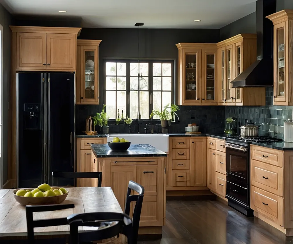 کابینت چوبی روشن با یخچال مشکی کابینت چوبی روشن با یخچال مشکی