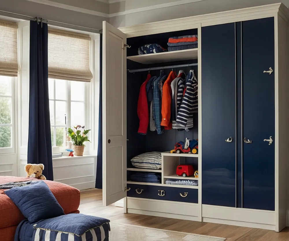 کمد دیواری اتاق کودک پسرانه آبی کاربنی سفید