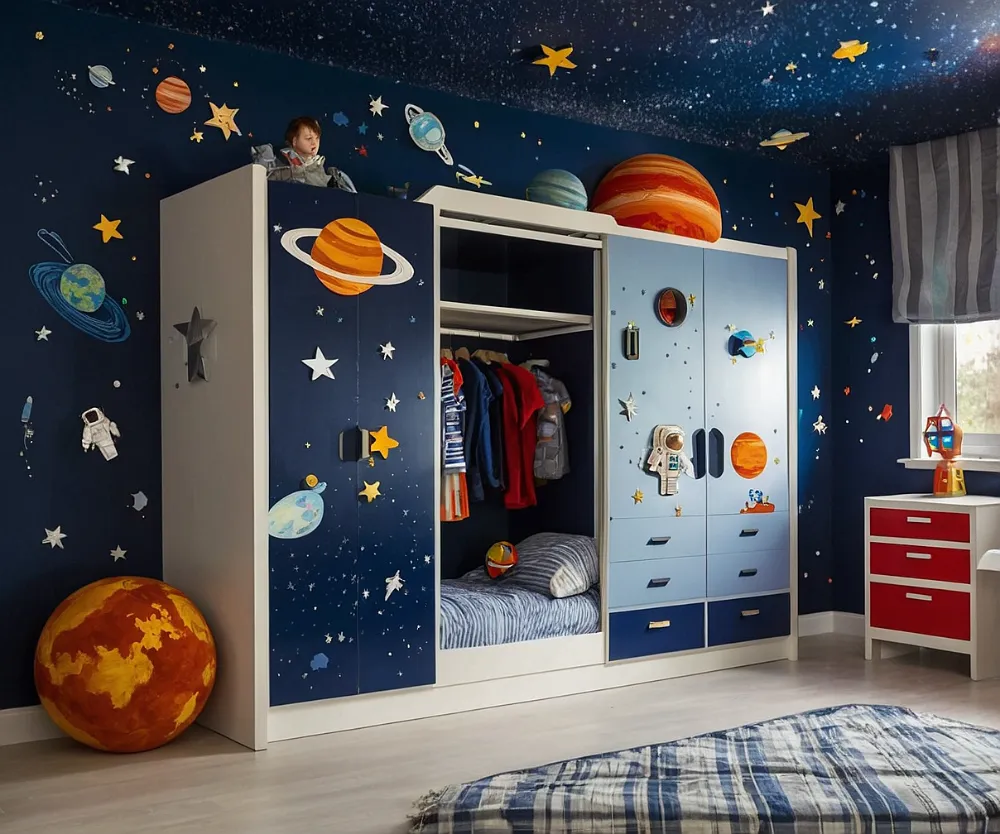کمد دیواری اتاق کودک پسرانه با طرح فضایی