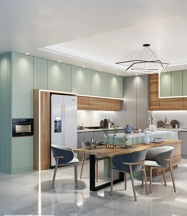 کابینت سبز پاستیلی و طرح چوب