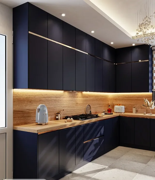 کابینت سرمه ای و طرح چوب