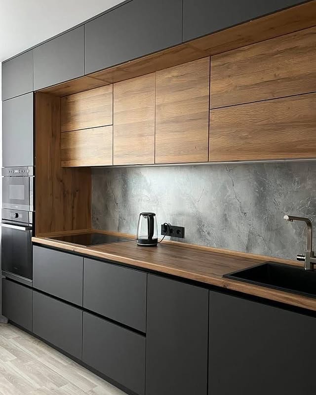 کابینت پله ای طوسی و طرح چوب