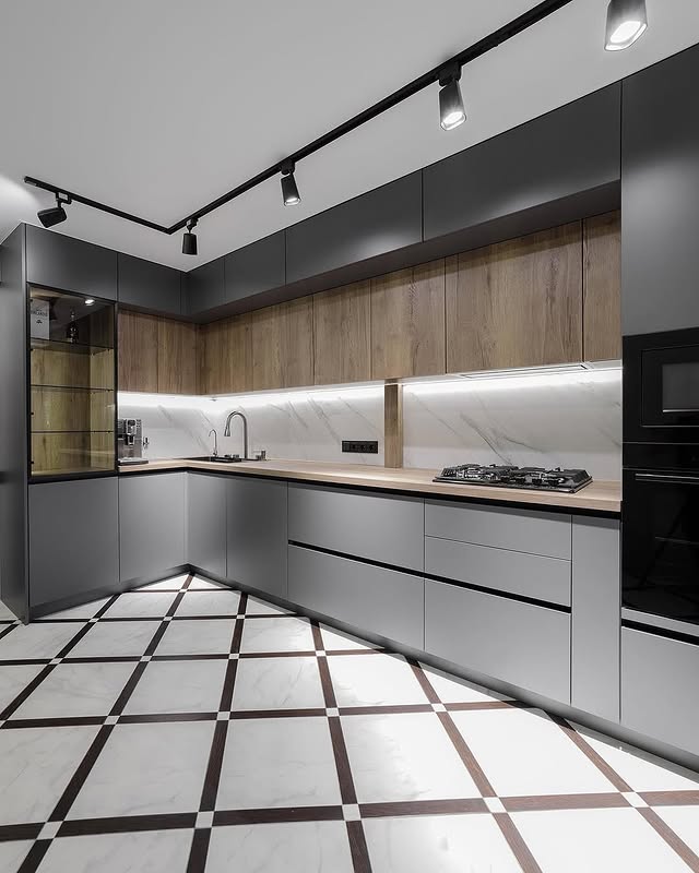 کابینت پله ای طوسی و چوب