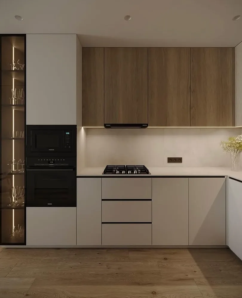 کابینت دو رنگ نسکافه ای و رنگ چوب تیره