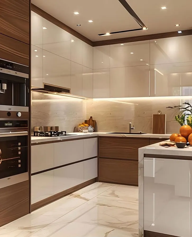 کابینت دو رنگ نسکافه ای و رنگ چوب تیره